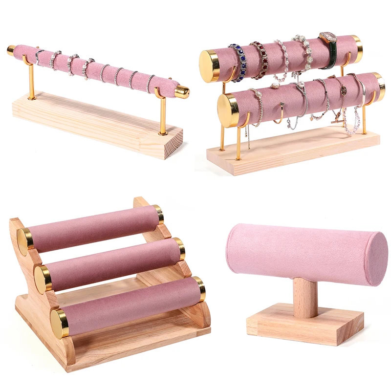 Solid Wood Pink Velvet Jewelry Exhibitor Stand Ring Earrings Storage Stand Bracelet Watch Display Stand