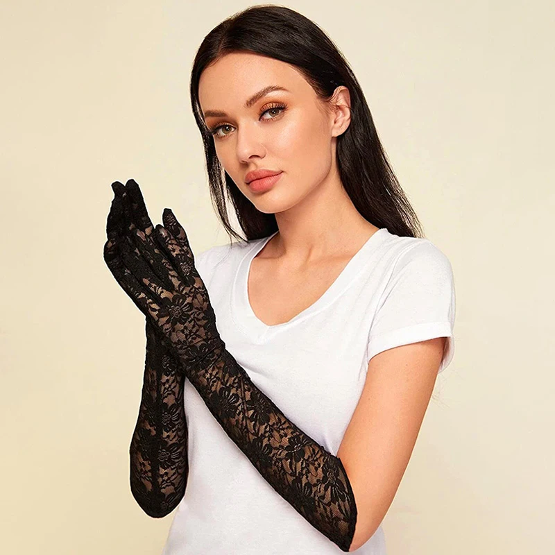 

Exquisite Solid Color Lace Finger Gloves Long Sunscreen Thin Gloves Outdoor Women Driving Bride Gloves Light And Comfortable