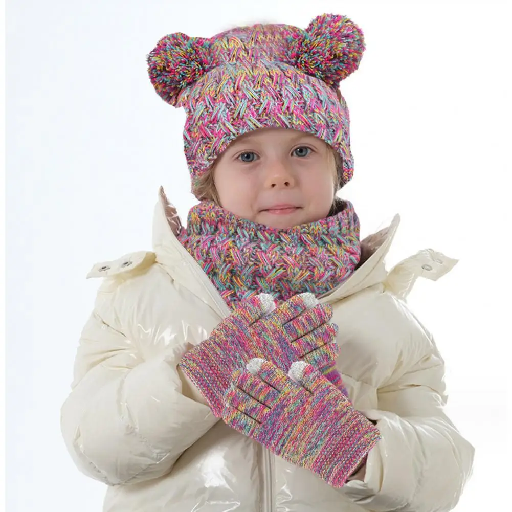1 Set Kids Winter Hat Gloves Scarf Set Knitted Thick Soft Warm Dome Plush Ball Decor Winter Neck Wrap Cap Gloves