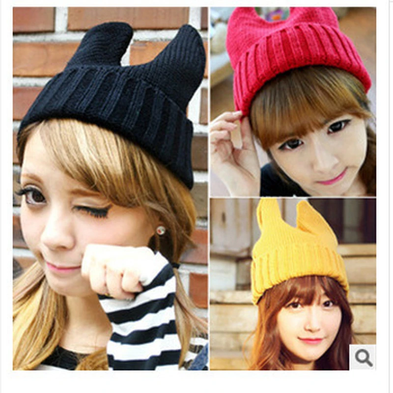 Women's Knitted Hat Skullcap Devil Horns Men's Beanie Hat Winter Retro Docker Beanie Hat Men's Hat  Beanie skullies men