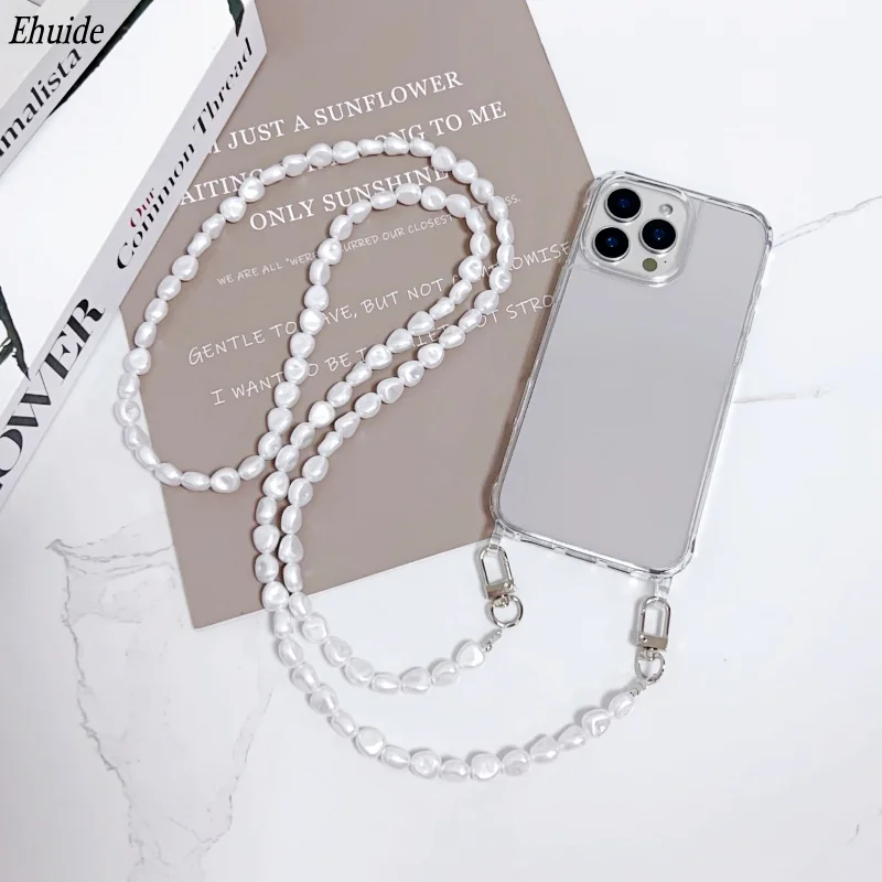 Luxury Pearl Chain Crossbody Strap Shockproof Phone Case with Acrylic Clear Cover