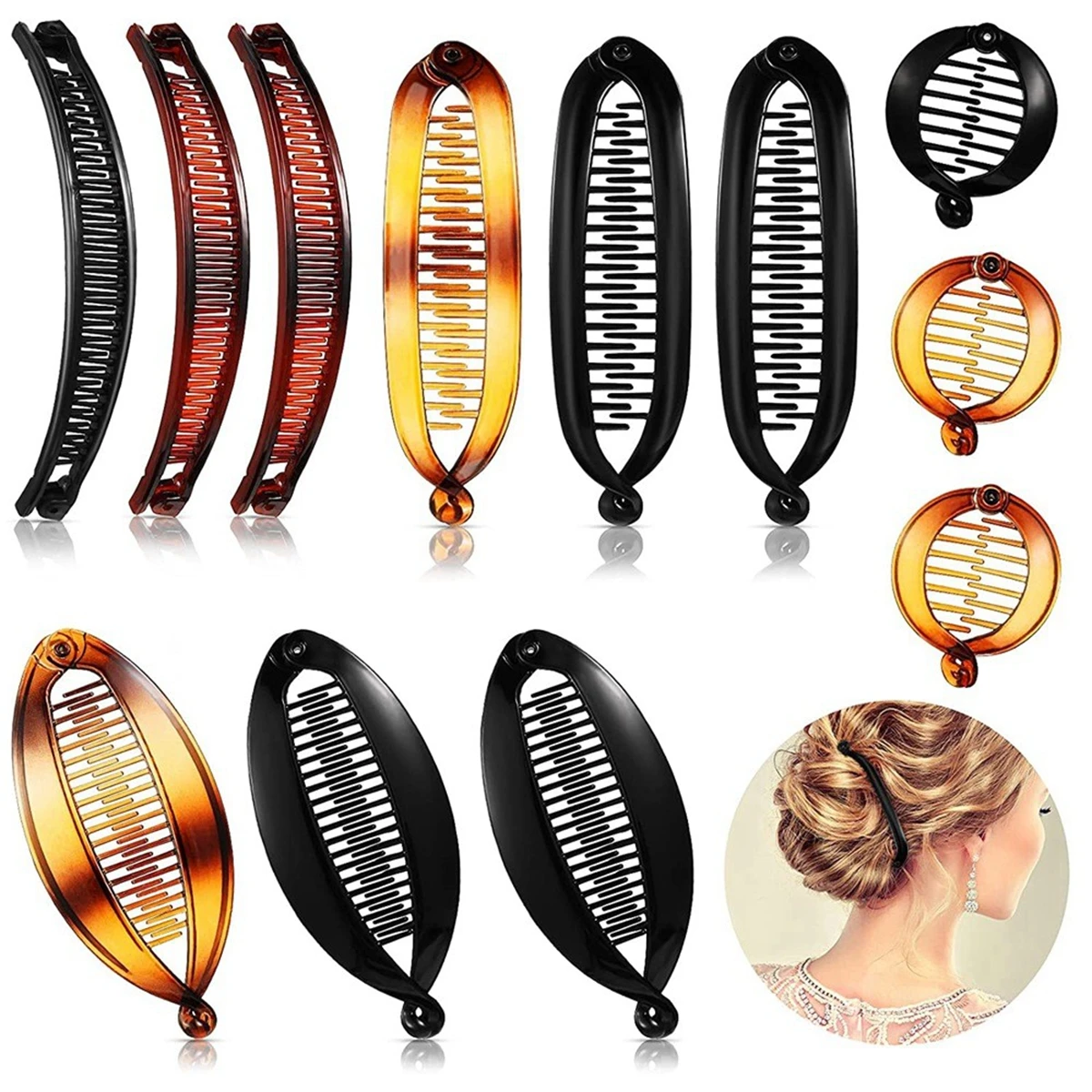 12-teiliges Set aus modischen und vielseitigen, glänzenden Bananenklammern mit Leopardenmuster und fischförmigen Haarspangen, Pferdeschwanz und lockigem Haar, lässiger Damen-Haarschmuck, geeignet für Partys, Bälle, Kleidung und Ausflüge