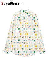 

SuyaDream Woman Checks Printed Shirt 100%Silk Crepe Long Sleeves French style Blouse Shirt 2022 Spring Autumn Office Lady Top