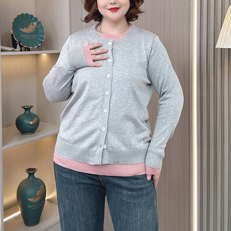 Plus Size Women Sweater Autumn Winter New Round Neck Fashion Fake Two Pieces Pullover Simple Jumpers 670