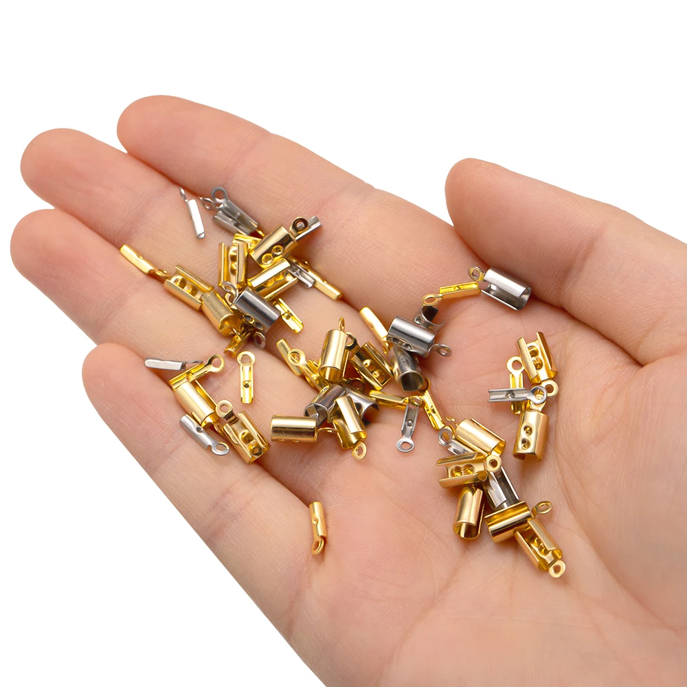 50 stücke Edelstahl Crimp End Perlen kappen Leder Cord Clip Fold Connector für DIY Leder Cord Armband Halskette Schmuck herstellung – Detail 3