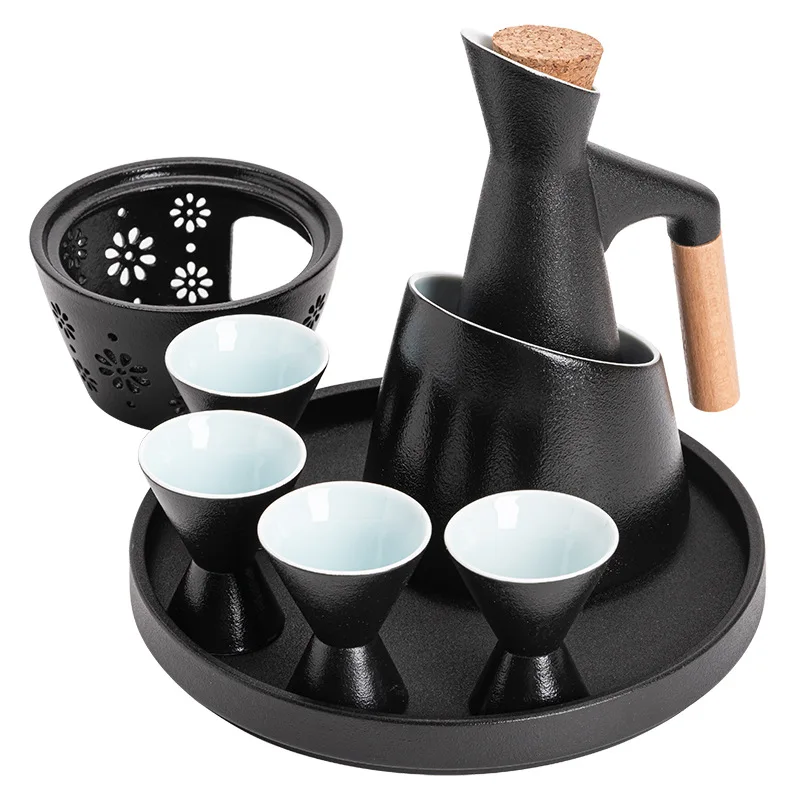 Japanese-style ceramic wine cabinet set includes 1 wine jug, 1 cabinet, 4 sake glasses, tray and candle heater