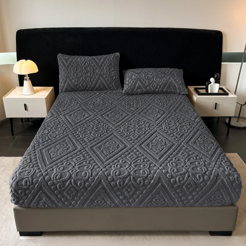 Jacquard Winter Coral Plush Mattress Cover High Elasticity Anti-Slip Breathable Bedroom Soft Bed Sheet