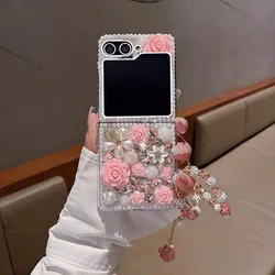 Luxury 3D Flower Diamond Glitter Case with Wrist Chain and Shiny Pearl Finish for Samsung Z Flip 5 (PinkFlower)