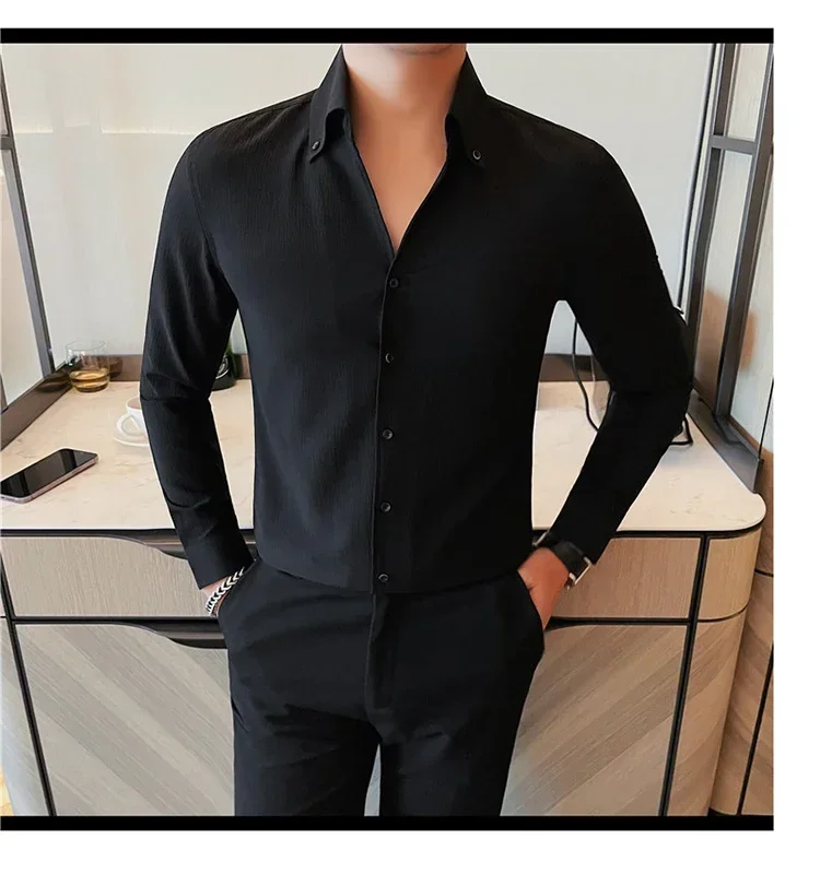 Description Picture 6 of item5Colors Autumn New Business Formal Wear Long Sleeve Solid Shirts For Men Clothing 2023 All Match Slim Fit Casual Prom Tuxedo 4XL