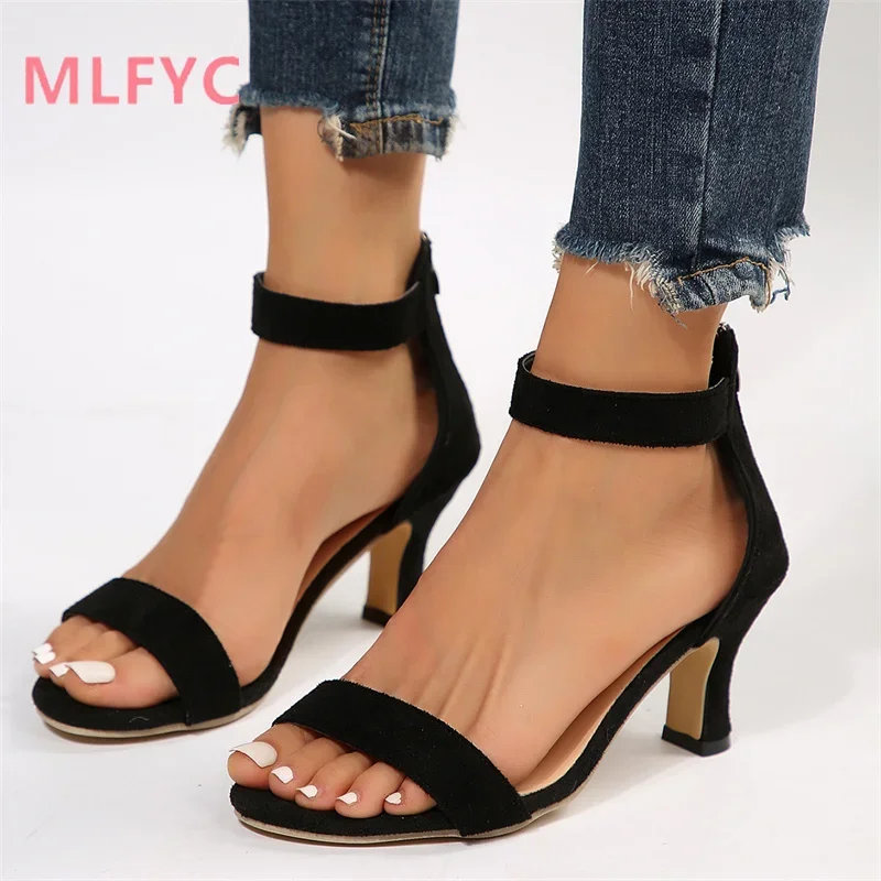 

Women's Sandals Summer European and American Suede High Heels Female Back Zipper Slim Heel Sandals Mujer