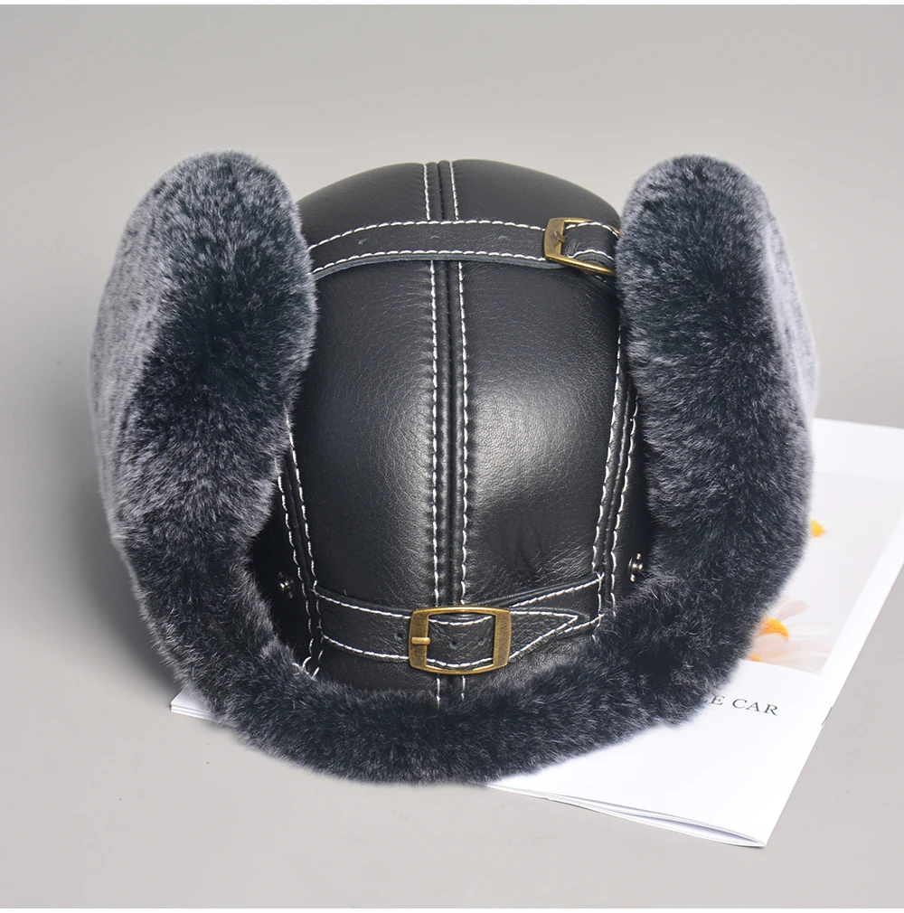 2024 Winter Men's 100% Real Rex Rabbit Fur Bomber Hat Ushanka Cap Trapper Russian Man Ski Hats Caps Real Sheepskin Leather
