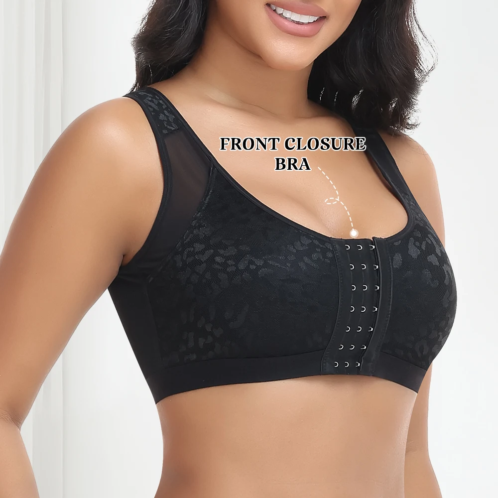 Reggiseno da donna con chiusura frontale in pizzo, senza ferretto, con spalline larghe, supporto push-up, regolabile, traspirante, modellante, lingerie - immagine 5