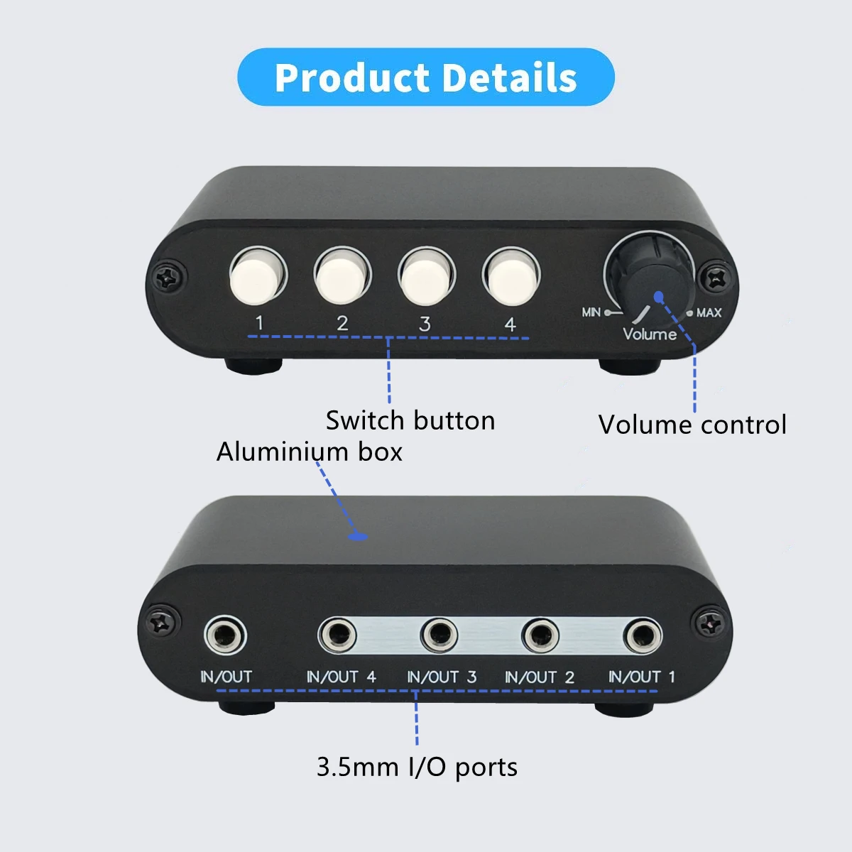 4-Way 3.5mm Stereo Audio Switch input Signal Source Switcher Selector Splitter Box with line volume controller 3 in 1 out audio switcher 3 4 5 6 group signal source input switch selector 2 channel stereo audio output switch