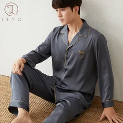 Ling Men's Long Sleeve Pajama Sets 2 Pcs Silk Satin Men's Sleep Lounge Sleepwear Sample Style 2 Pcs Sets Elastic Waist