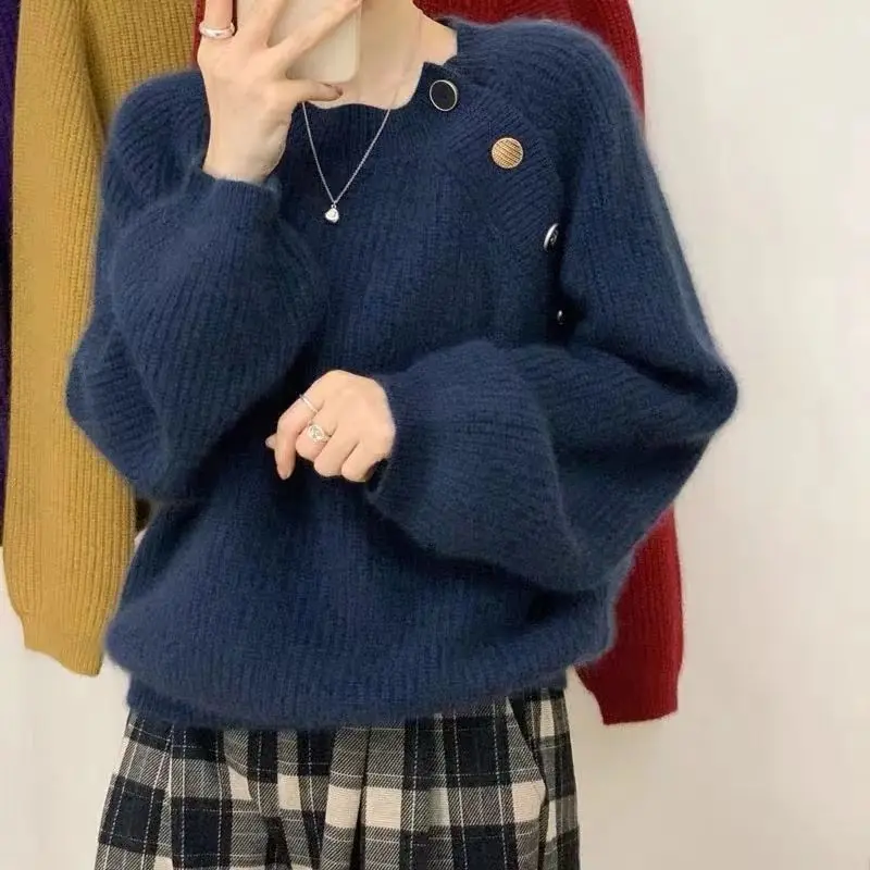 

Korean Fashion Loose Women's Clothing Solid Buttons Long Sleeve O-neck Pullovers Temperament Sweaters Sweet Autumn Winter Thin