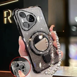 Glitter Plating Mirror Magnetic Phone Holder Bracelet Case Cover for Pura 80 Ultra (Black)