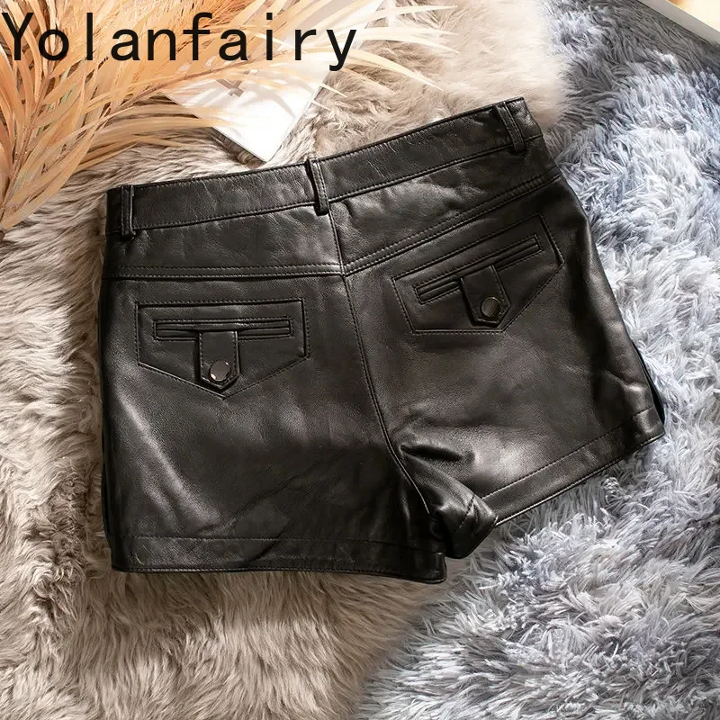 

Женские шорты из натуральной овечьей кожи, шорты с высокой талией, женская одежда, корейские модные черные шорты для женщин, 2024
