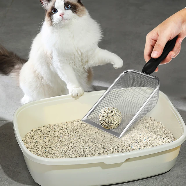 Stainless Steel Cat Litter Scoop Metal Small Holes Long Handle Litter Box Scooper Ergonomic Tool 3