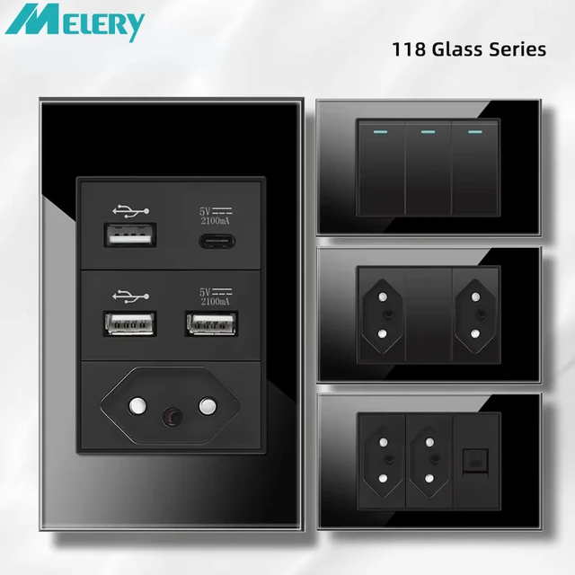 Melery บราซิลปลั๊กผนังซ็อกเก็ต 20A USB Tomada & TypeC ความดัน SwitchTempered พลาสติก/แผงกระจกตําแหน่ง Outlet HomeOffice 1