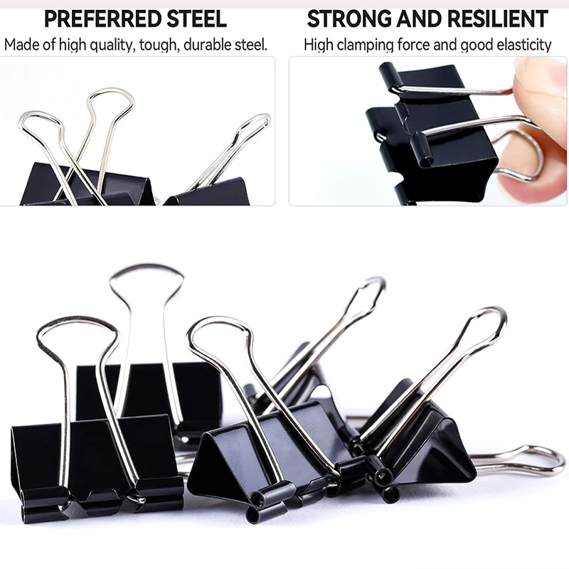 Preto Foldable Binder Clips, Clipes De Papel De Escritório, Armazenamento De Escola, Casa, 15mm, 19mm, 25mm, 32mm, 41mm, 51mm, 30 Pcs, 20 Pcs, 15 PCes, 10 PCes, 5 PCes