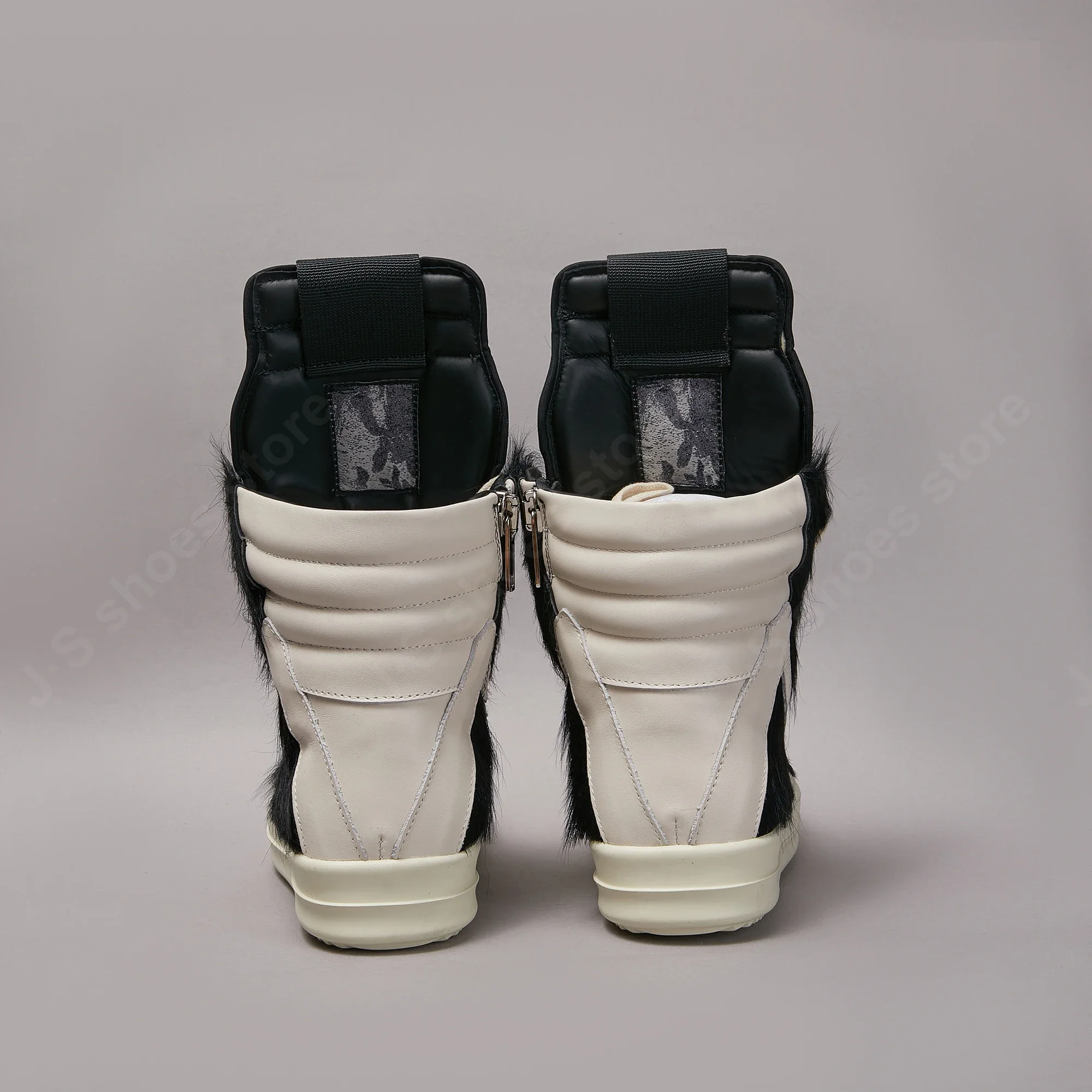 Ricks Classic Design Men Owens shoe Horse Hair Women High Top Sneaker Black Horsehair With White Leather Outside Flat Sneakers