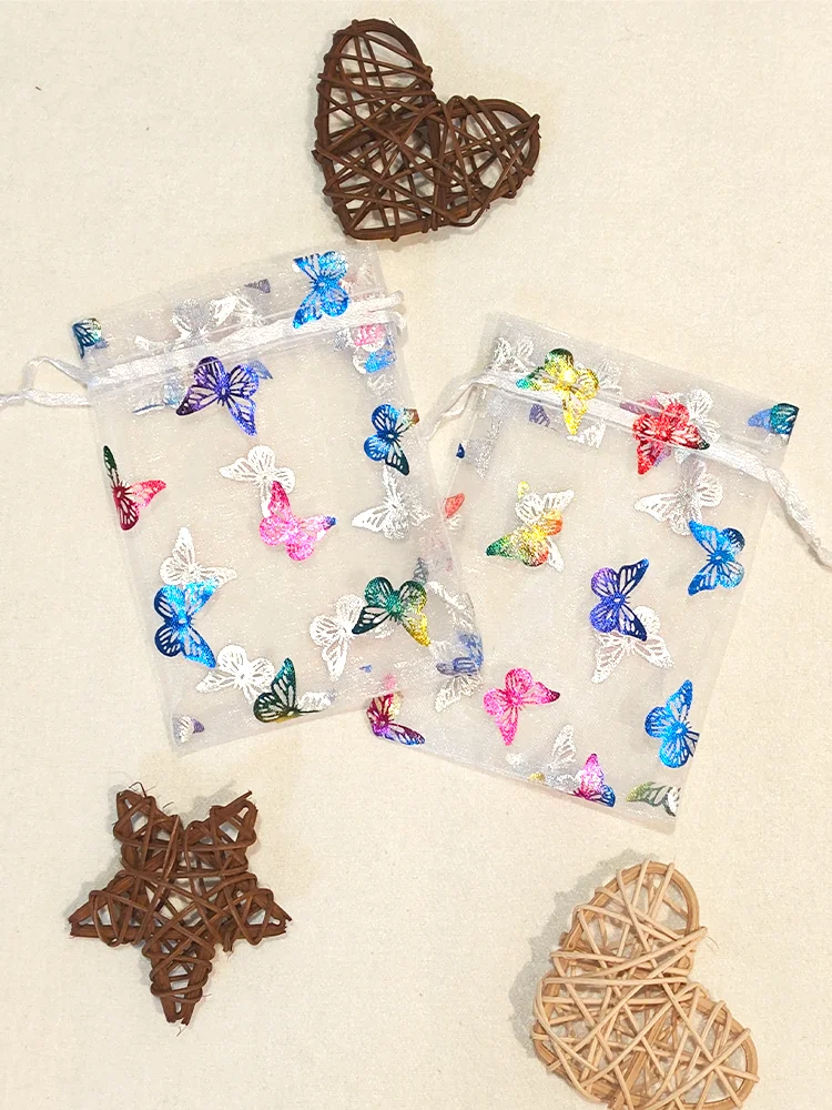 25/50/100 stücke Regenbogen Schmetterling Organza Schmuck Tasche Kordelzug Geschenk Tasche Hochzeit Party Weihnachten Süßigkeiten Schmuck Verpackung – Detail 3