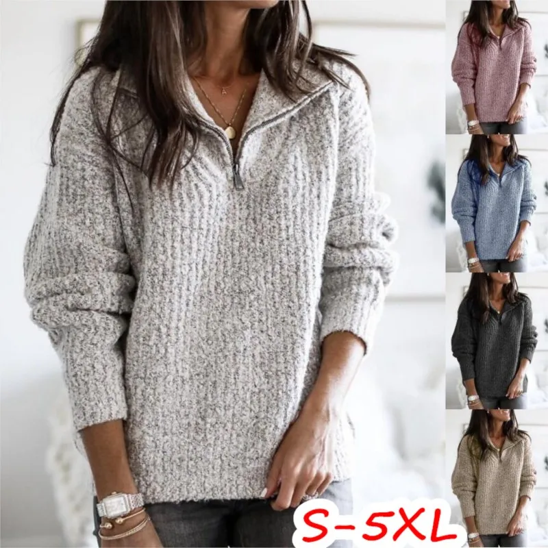 

Casual Autumn/Winter Solid Color Zipper Pullover Comfortable and Fashion Loose fitting Long Sleeve Knitted Shirt Women's Sweater