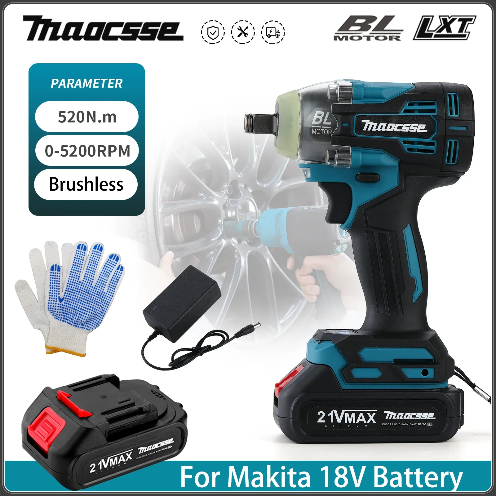 388VF 520 N.M Torque Brushless Electric Impact Wrench 1/2 In With 20000mAh Lithium-Ion Battery For Makita 18V Battery 7500mah 15000mah rechargeable lithium battery for brushless chainsaw electric drill electric wrench for makita 18v