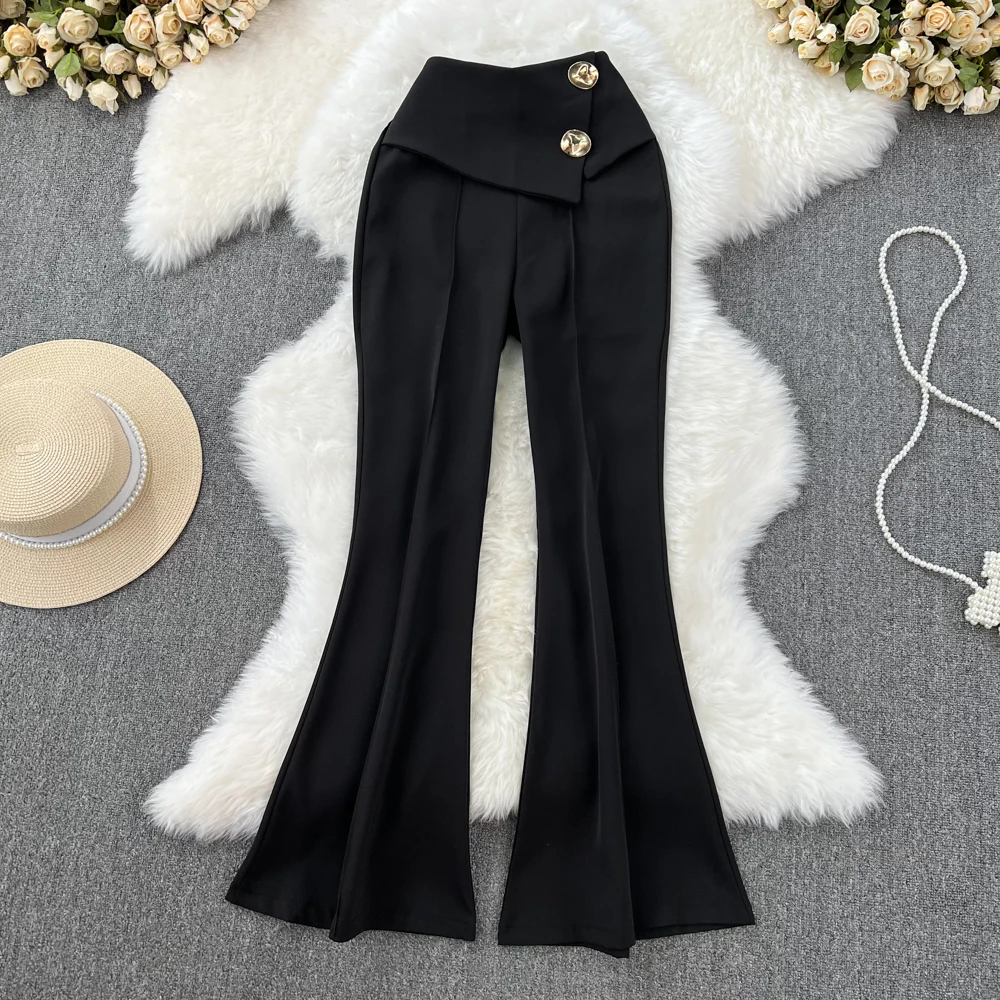 

Women ssTss Elegant Black Long Pants 2023 New Autumn Fashion High Waist Back Zipper Slim Full Length Female Flare Trousers