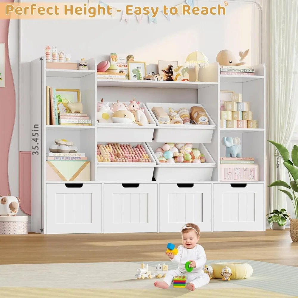 Toy Storage Organizer, Toy Organizer with 4 Movable Drawers and 4 Box Bins, Kids Playroom Storage Organization with Hidden Wheel