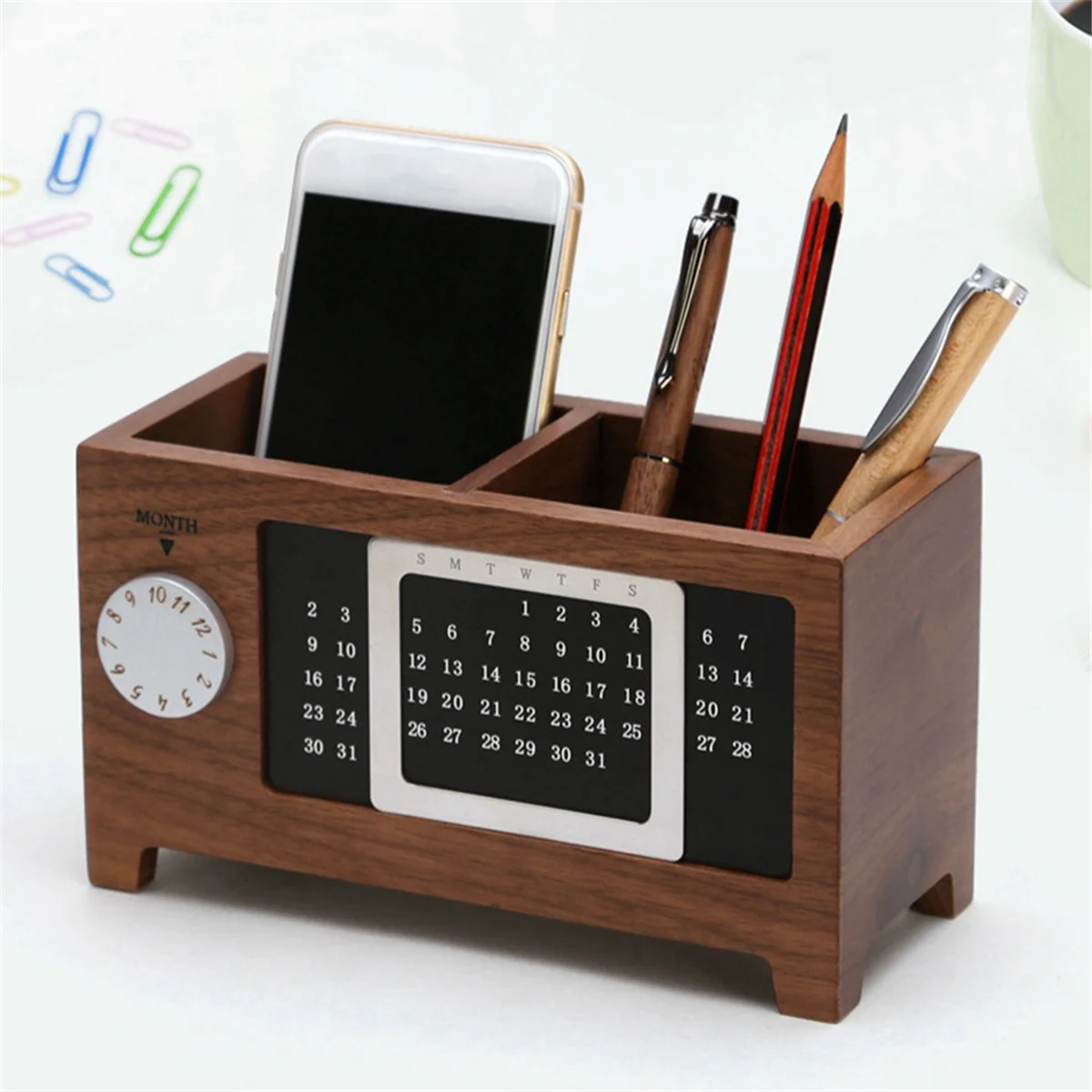 AA84 Calendar Pen Holder Multifunctional Desktop Office Storage Box Office Desktop Ornaments Maple Wood Storage Box Wood Color