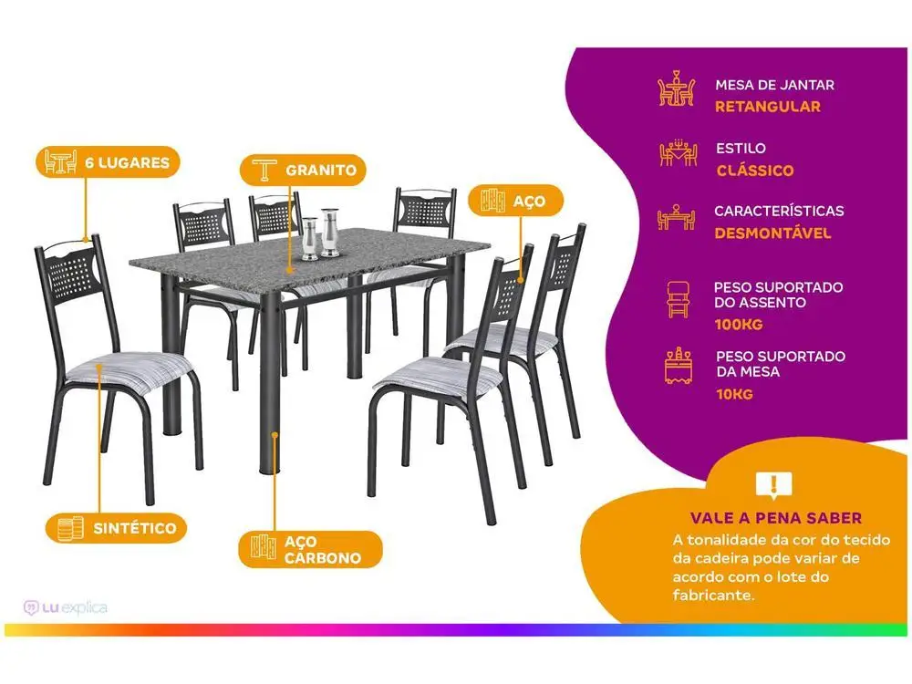 Mesa de Cozinha 6 Cadeiras 6 Lugares 2