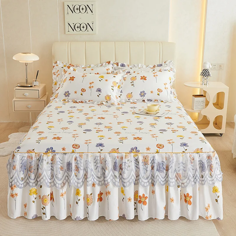 

Skin-friendly Lace Bedspread 1pc Bed Skirt +2pcs Pillowcase Princess Double Layer Lace Bed Sheet Anti-slip Bed Cover