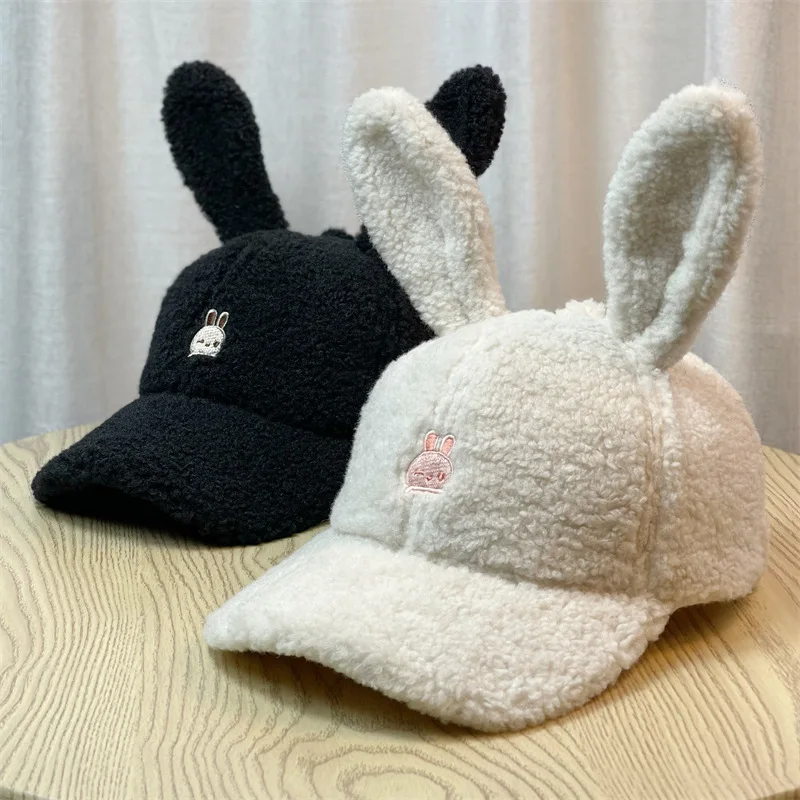 

Cute Rabbit Embroidery Baseball Cap Women Spring Autumn Warm Duck Tongue Hat Fashion Versatile Adjustable Plush Curved Brim Hat
