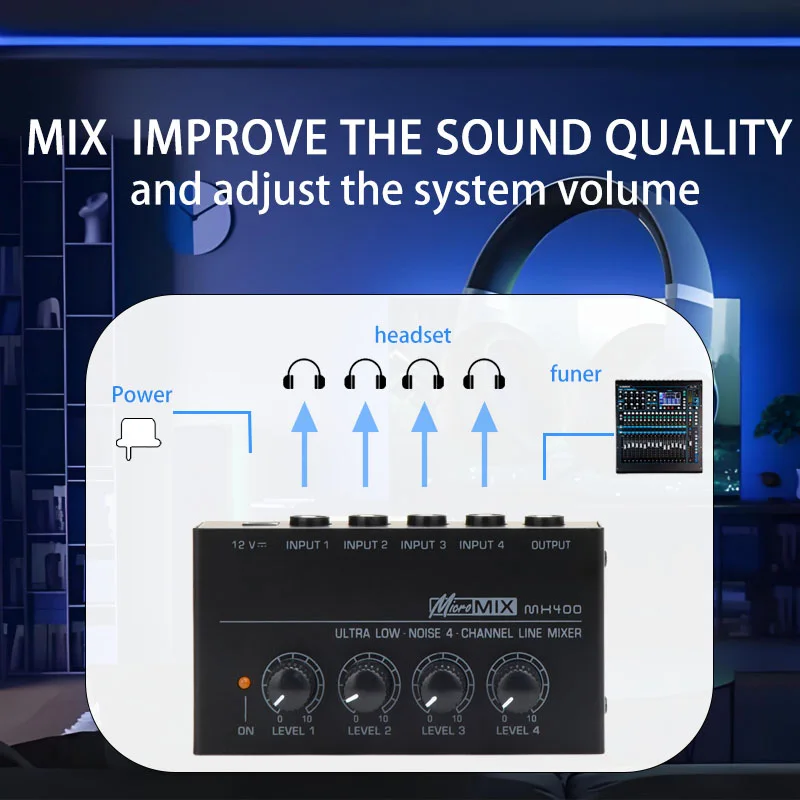 Professional 4-channel stereo mixer to increase output power and improve sound quality ultra-low noise mixer for live audio