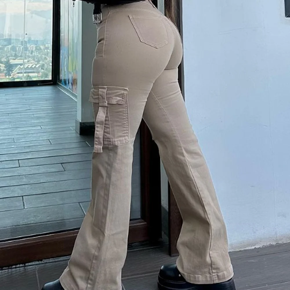Pocket Solid Color Women\'s Cargo Pants Y2K Street Retro Loose Wide-Leg Overalls Casual Mid-waist Straight Jeans