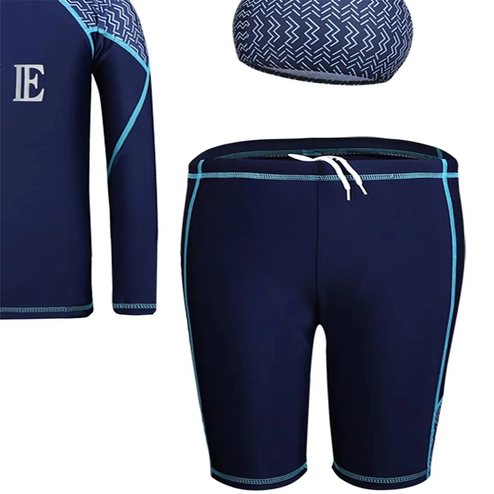 Boys 3Pcs Rash Guard Set Swimsuit Long Sleeve Swim Top Shorts Hat Swimwear Set Summer Beach Bathing Suit Sun Protection Bodysuit