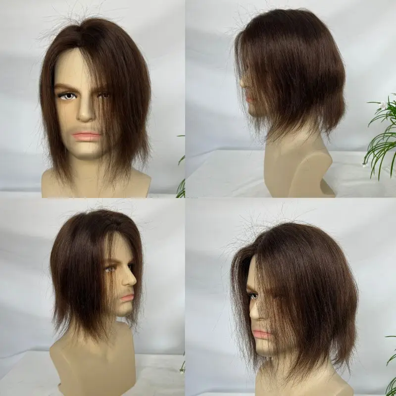 Pwigs Brown 3# Color Mono Base with PU Men's Toupee 100% Indian Human Hair System Npu 8x6 inch Base Size Toupee for Men Hair 6