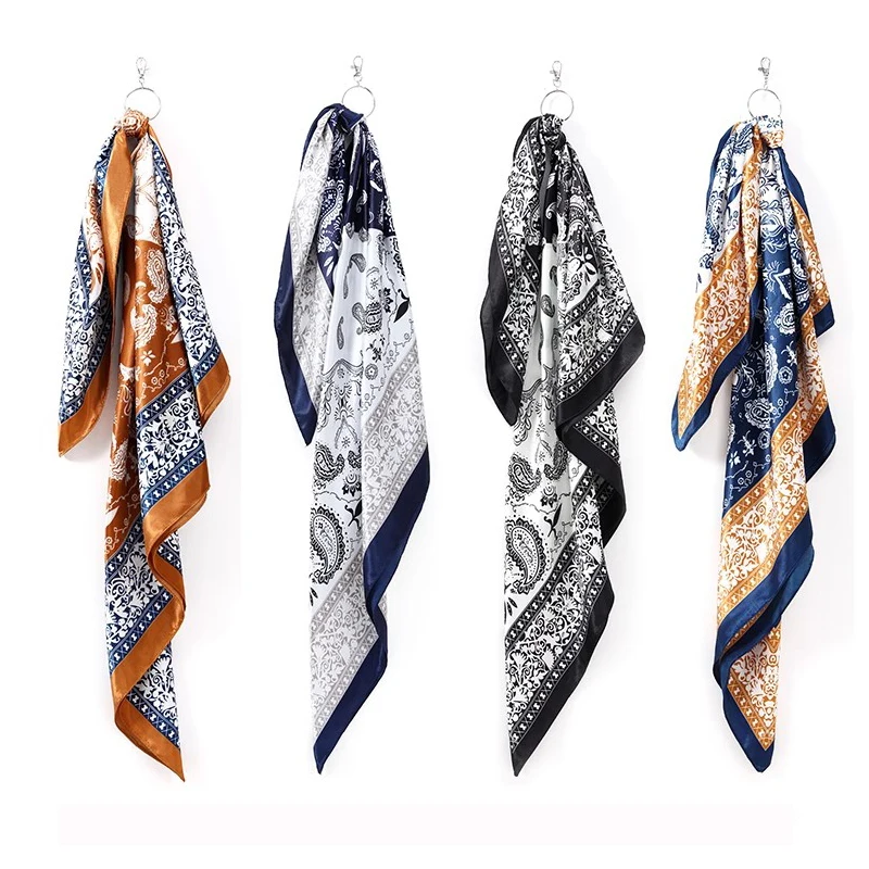 Bufanda Hijab cuadrada con flor de anacardo Retro, bufanda de hip hop, pantalones, bufanda de seda simulada de 60cm, banda para el cuello para hombres y mujeres, cabello con