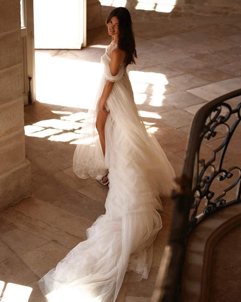 Simple Tulle Wedding Dresses For Women Sweetheart Bridal Gowns Off The Shoulder Robes Side Slit Vestidos De Novia Customized 2