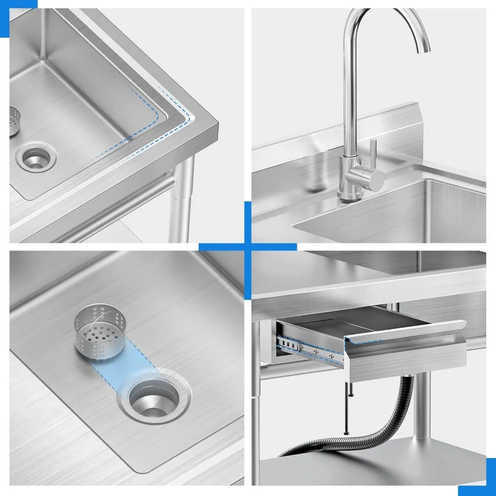 Stainless Steel Utility Sink Freestanding Single Bowl Laundry Sink with Hot and Cold Water Plumbing Workbench Drawers 5