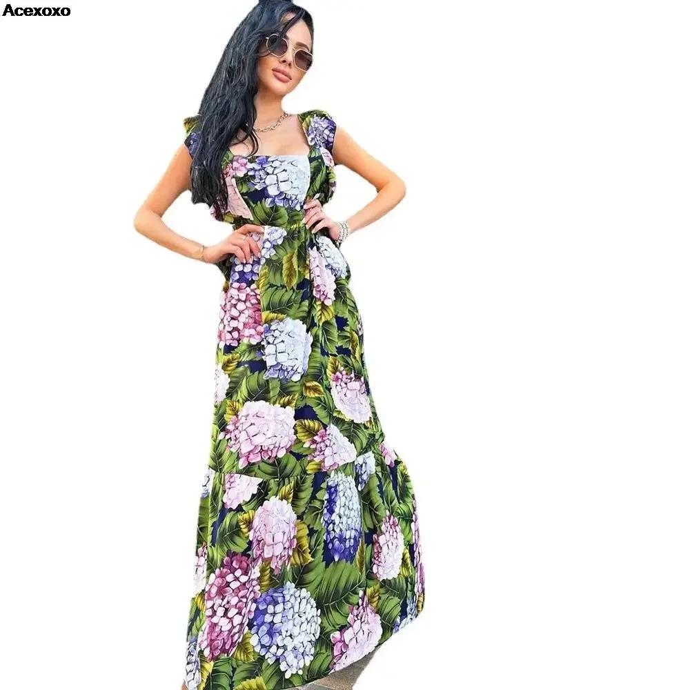 

2024 hot sale summer new women's fashion casual sexy green print sleeveless halter dress