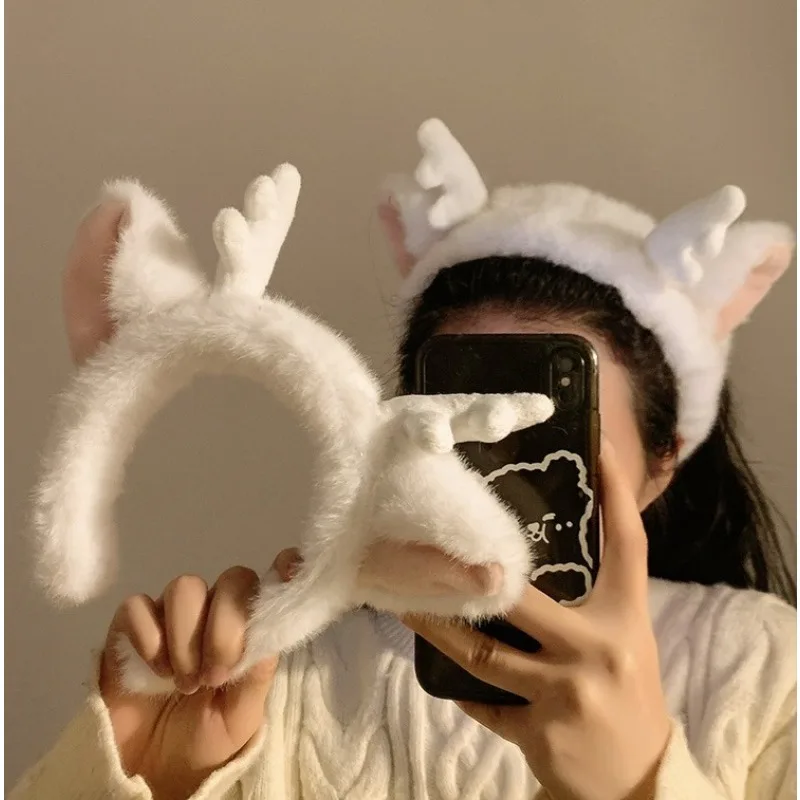 Plush Dragon Horn Headband-Marshmallow Color Cartoon Elf Ears Hair Band for Spa&Costume Party, Stretchy Wide-Band for Women/Kids