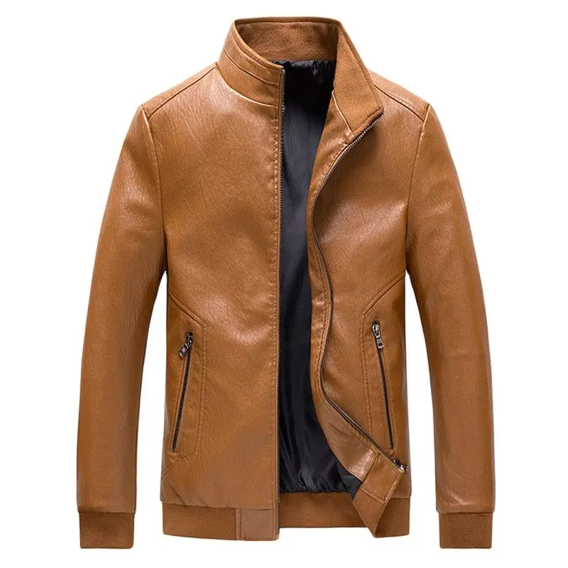 Autumn Winter Mens Motorcycle Jacket Solid Color Stand Collar PU Leather Jackets Men Casual Moto Biker Coat Zipper Outerwear
