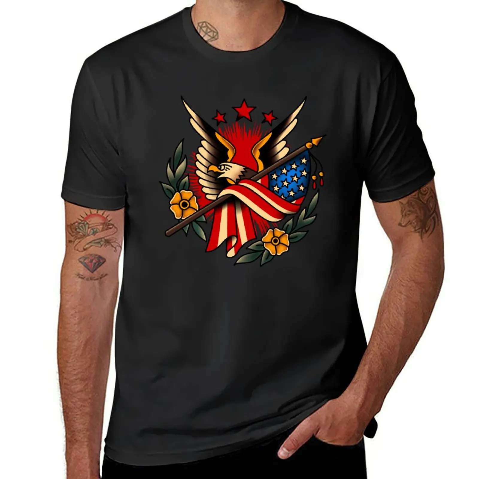 New Salt-Dog American Traditional Floral Eagle And Flag Motif T-Shirt Top Camicetta T-Shirt Per Uomo Pack
