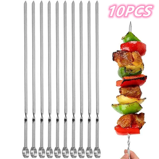 10 Darab Bbq Botkészlet Lapos Fém Rozsdamentes Acél Barbecue Nyársa