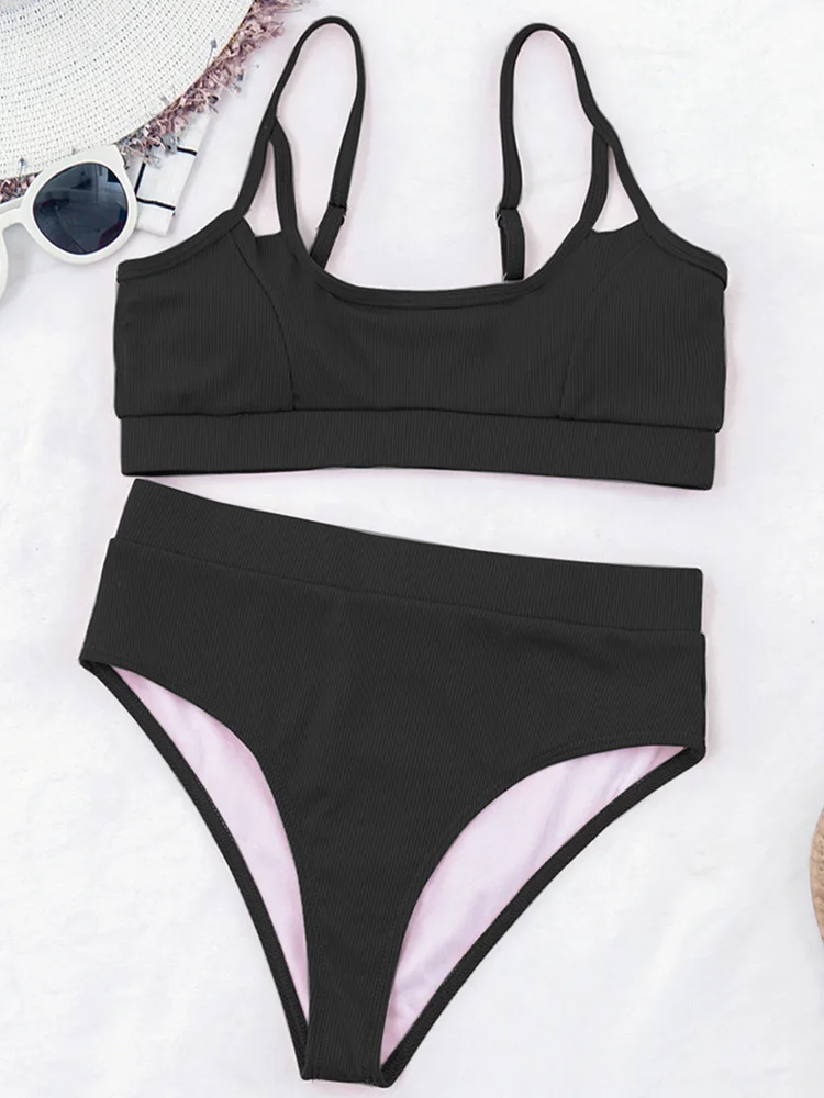 Sexy Ribbed High Waist Bikini Female Swimsuit Women Swimwear Two-pieces Bikini set Bather Bathing Suit Swim Summer Beachwear