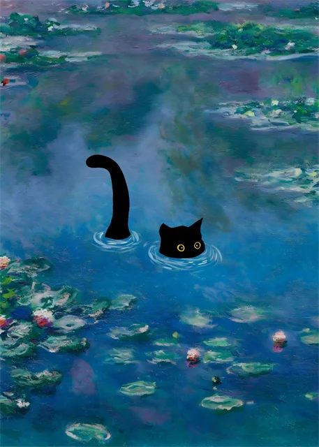 Van Gogh & Monet Inspired Cat Canvas: Starry Night and Sunflowers Wall Art
