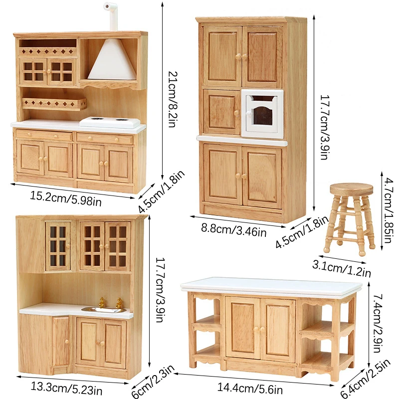 1Set 1:12 Dollhouse Miniature Wooden Sink Cabinet Stove Cabinet Cupboard Cooking Table Stool Model Kitchen Furniture Decor Toy