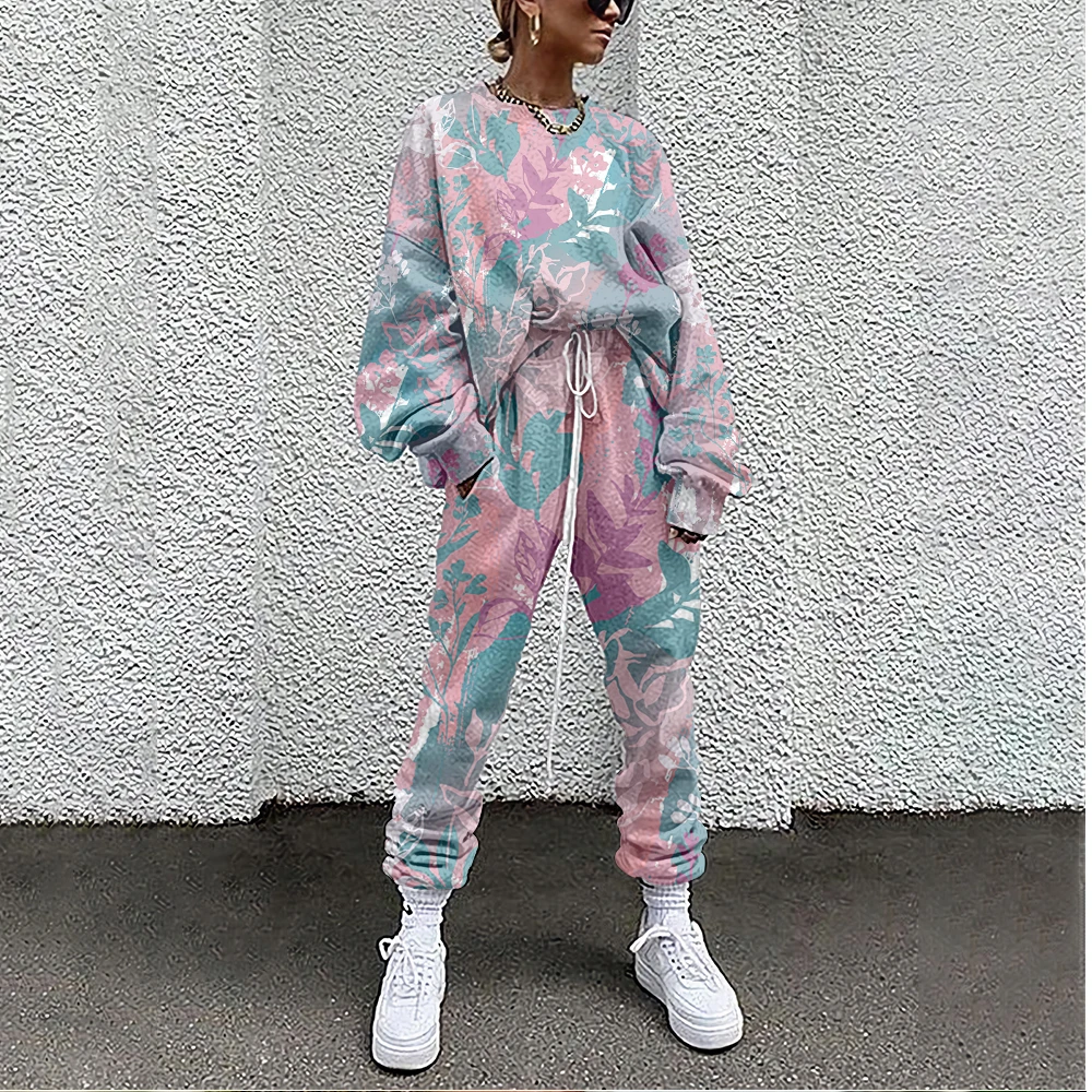 

Women Tracksuit Fallen Leaves Print 2 Piece Outfit Sweatshirt+Straight Sweatpants Matching Set Fitness Sporty Streetwear